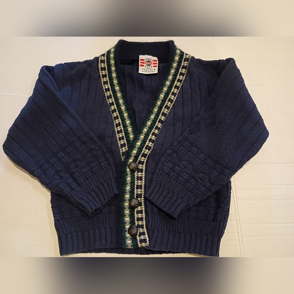 VTG Cadet Boys Club Navy Cardigan with Green‎ Accents Sz 4